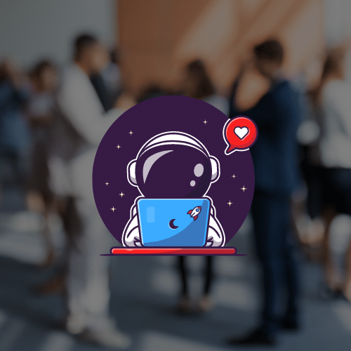 Flipbox image of people at a conference, with icon of astronaut working on a laptop