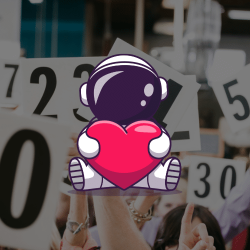 Flipbox image of an astronaut hugging a heart in front of silent auction numbers