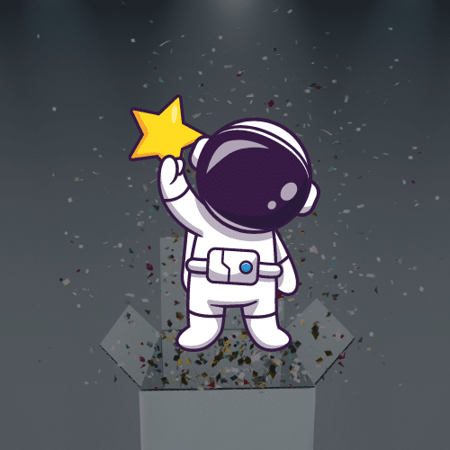 Flipbox image of an astronaut jumping out of a box of confetti holding a star
