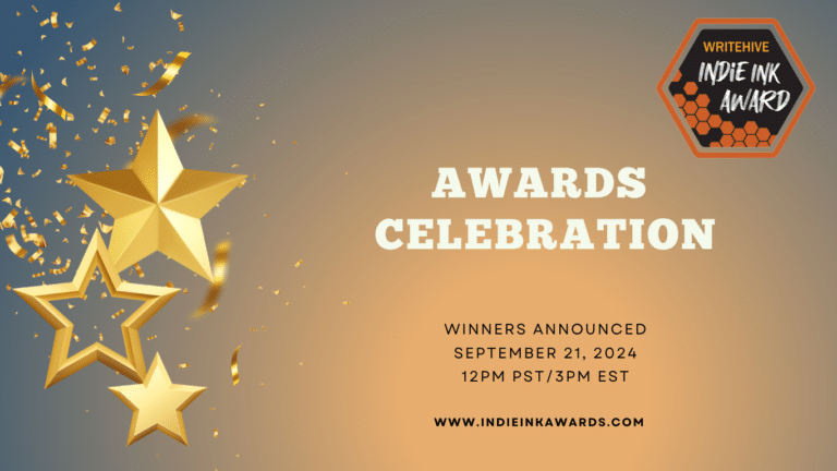 stars on the right, hexagon indie ink awards logo. Award celebration. Winners announced on September 21, 2024 at noon PST / 3pm EST