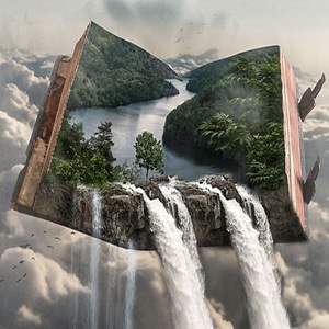 Open book, majestic forest and waterfall within